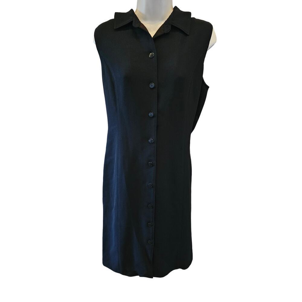 Vintage lined button up causal corner classic minimalist midi dress sz 10 black+